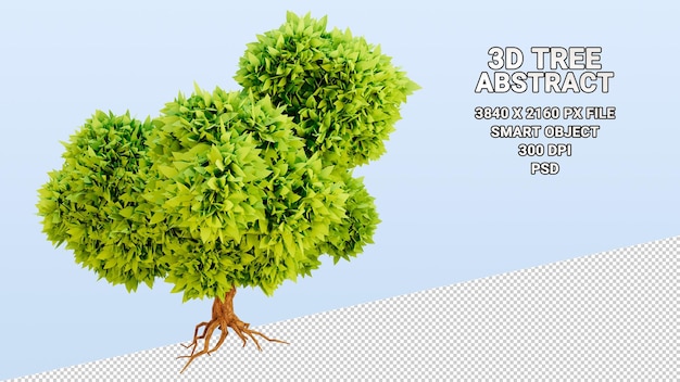 Isolated 3d model of tree with abstract green leaves on transparent background