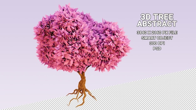 Isolated 3d model of tree with abstract pink leaves on transparent background