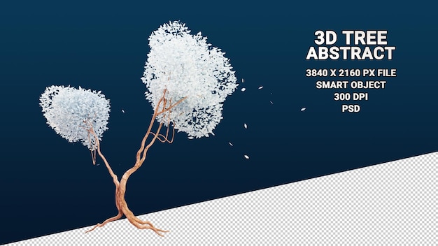 PSD modello 3d isolato di albero con foglie bianche astratte su sfondo trasparente