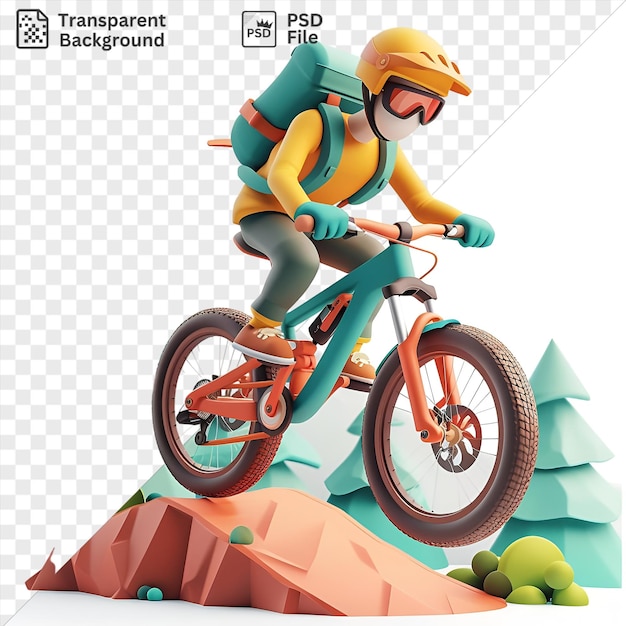 PSD isolated 3d mountain biker cartoon conquering challenging downhill trails sporting a yellow helmet and blue and green glove with a black wheel and brown tire in view