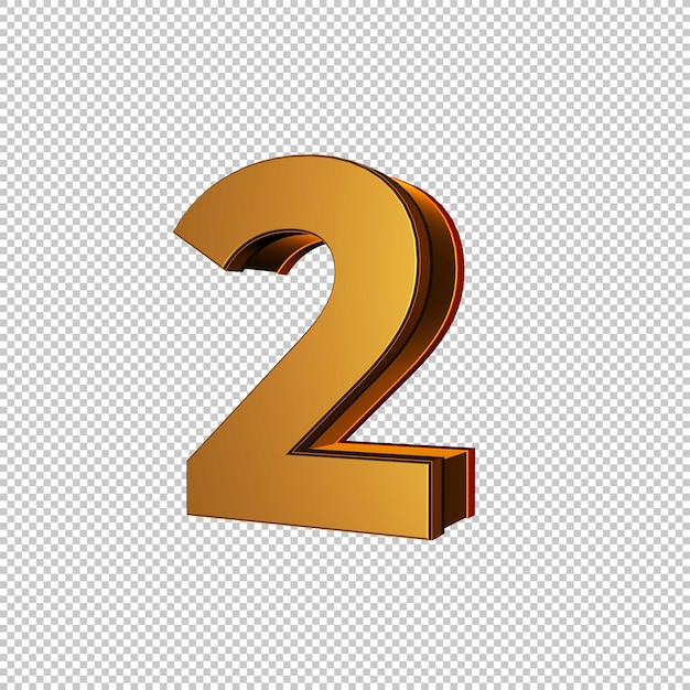 Isolated 3D Number 2 in Striking Gold with Transparent Background