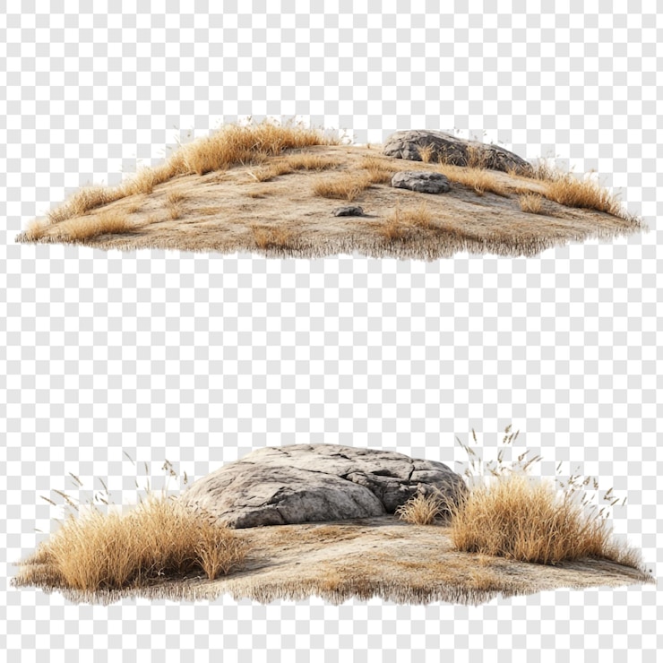 PSD isolated 3d render of arid landscape with rocks and dry grass