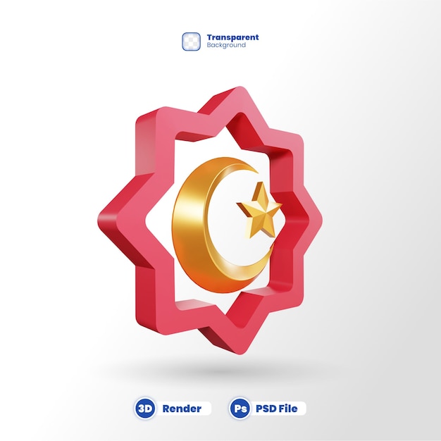 PSD isolated 3d rendering of decoration crescent and star with transparent background