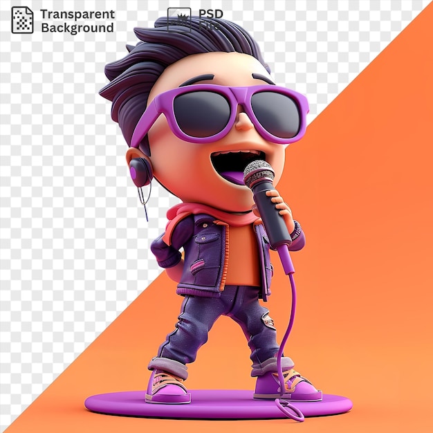 PSD isolated 3d rock star cartoon performing on stage with a black microphone wearing purple and pink shoes and sporting black hair and an open mouth while holding a toy