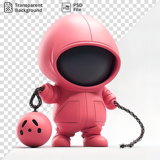 PSD isolated 3d saboteur cartoon planting a bomb with a pink toy and black cord while a red and pink leg is visible in the foreground