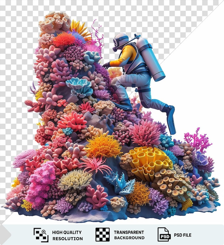 PSD isolated 3d scuba diver cartoon exploring a vibrant coral reef surrounded by colorful flowers and wearing a white and blue helmet