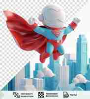 PSD isolated 3d superhero cartoon flying through the city to save the day