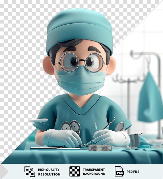 Изолированный мультфильм о 3d-хирурге, выполняющем деликатную медицинскую процедуру на синем столе в синей маске и шляпе с белой перчаткой на левой руке и синей головой и лицом на заднем плане