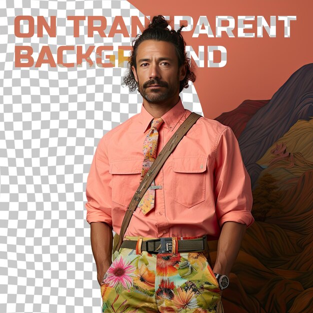 PSD a isolated adult man with curly hair from the native american ethnicity dressed in traveling to new places attire poses in a one hand on waist style against a pastel salmon background