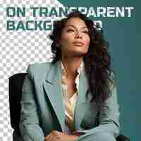 PSD a isolated adult woman with wavy hair from the aboriginal australian ethnicity dressed in sales manager attire poses in a seated with head resting on hand style against a pastel teal backgro