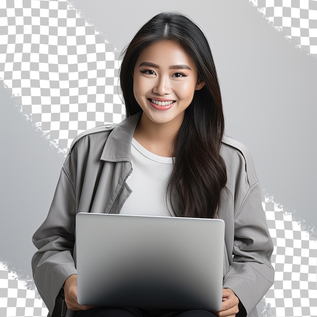 PSD isolated asian woman smiling while using laptop background white