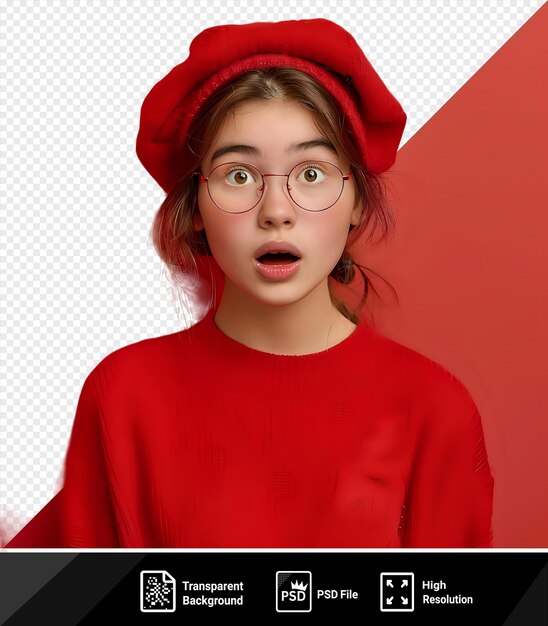 PSD isolated astonished young girl in casual red outfit with beret and glasses looking at camera while standing in front of a red wall