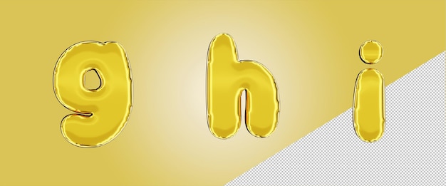 PSD isolated balloon foil alphabet in gold color lowercase letter g h i