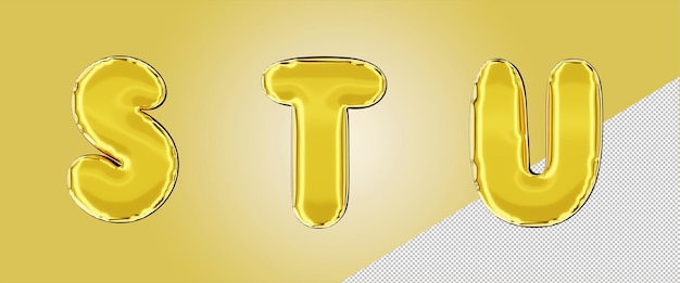 isolated balloon foil alphabet in gold color uppercase capital letter s t u