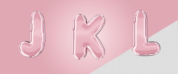 PSD isolated balloon foil alphabet in pink color uppercase capital letter j k l