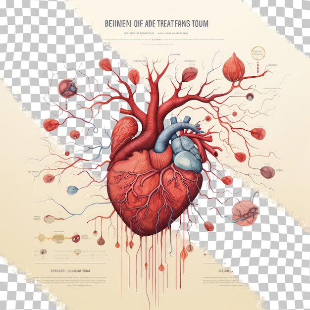 PSD isolated black illustration of blood flow in human heart and veins on poster transparent background