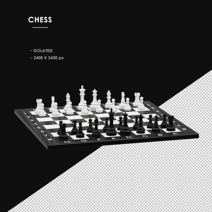 PSD isolated black and white chess set from right front angle