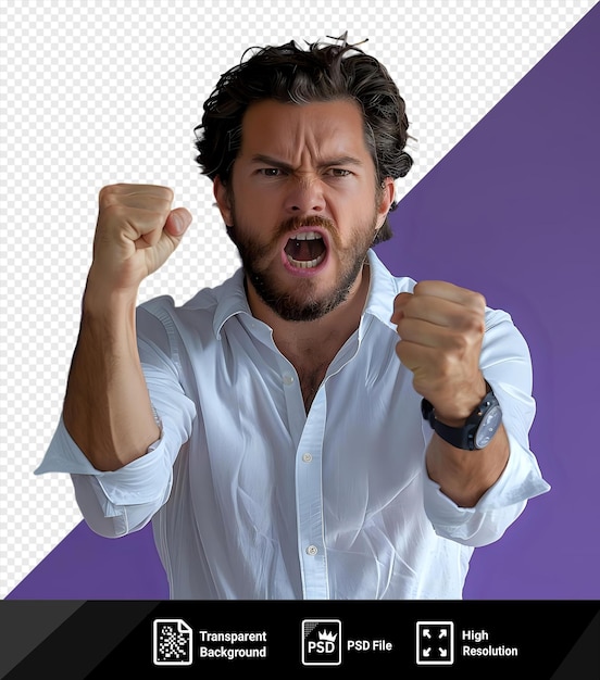 PSD isolated on blue attractive serious caucasian male brunette businessman in costly black watch and white shirt look at camera show fist screaming at the camera png psd