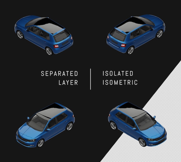 PSD 分離された青いメタリックペイントエレガントな小都市車アイソメトリックカーセット