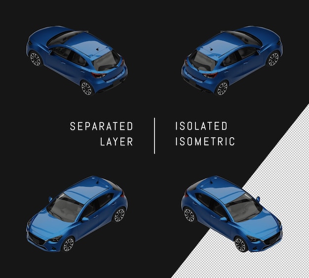 PSD 격리 된 파란색 금속 페인트 현대 스포츠 해치백 자동차 아이소메트릭 자동차 세트