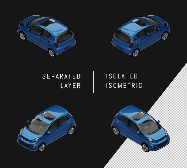 PSD isolated blue metallic paint small city car isometric car set