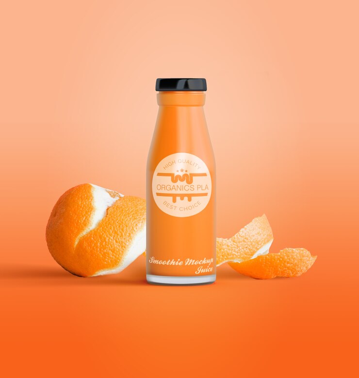 PSD isolated bottle of fruit juice and oranges