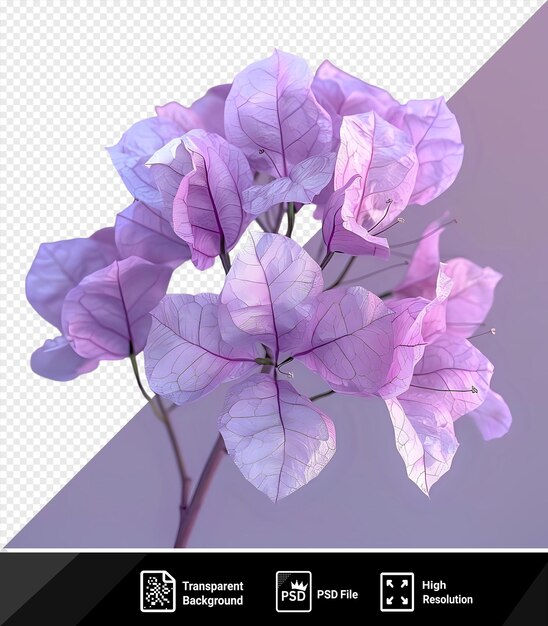 PSD isolated bougainvillea flower with purple and pink petals and a thin stem against a purple background