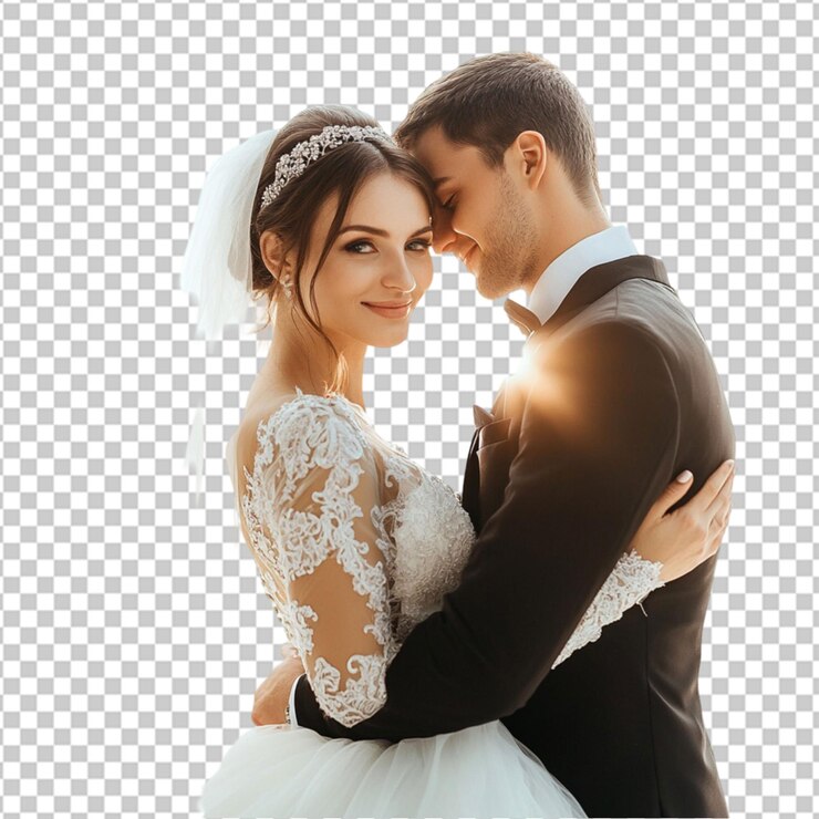 PSD isolated bride and groom wedding pose against transparent background