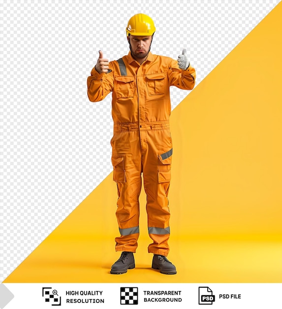 PSD isolated builder young man constructiuniform and safety helmet looking camera making wry mouth showing thumbs down being displeased standing on yellow background