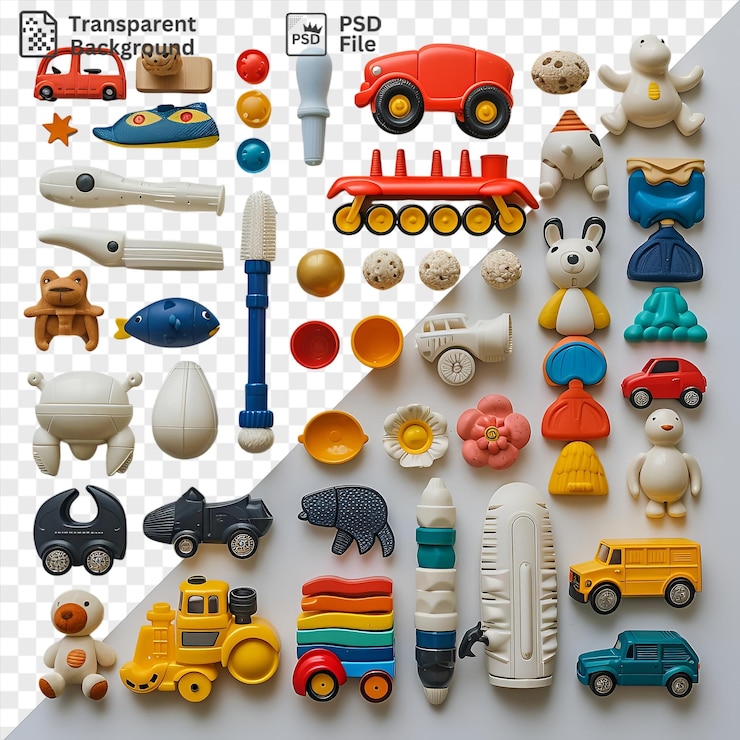 PSD isolated childrens playtime toys set featuring a variety of colorful vehicles and toys including a blue car a yellow toy a white toy a black and gray elephant a white