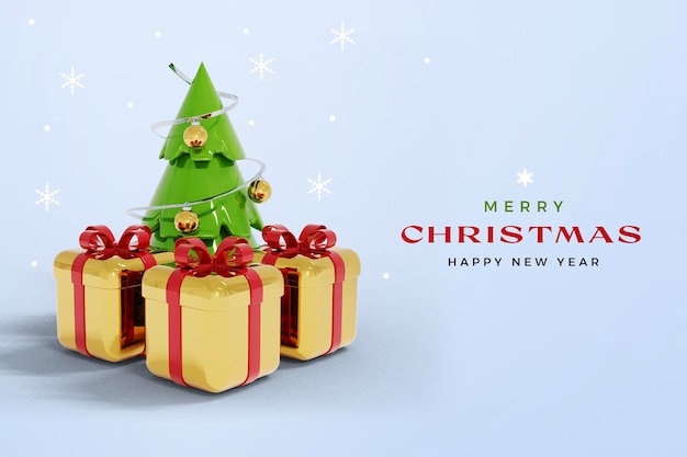 PSD 孤立したクリスマスと新年の3dレンダリングのモックアップとクリスマスツリーとギフトボックス