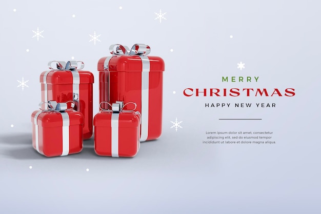 赤いギフトボックスと隔離されたクリスマスと新年の3Dレンダリングモックアップ