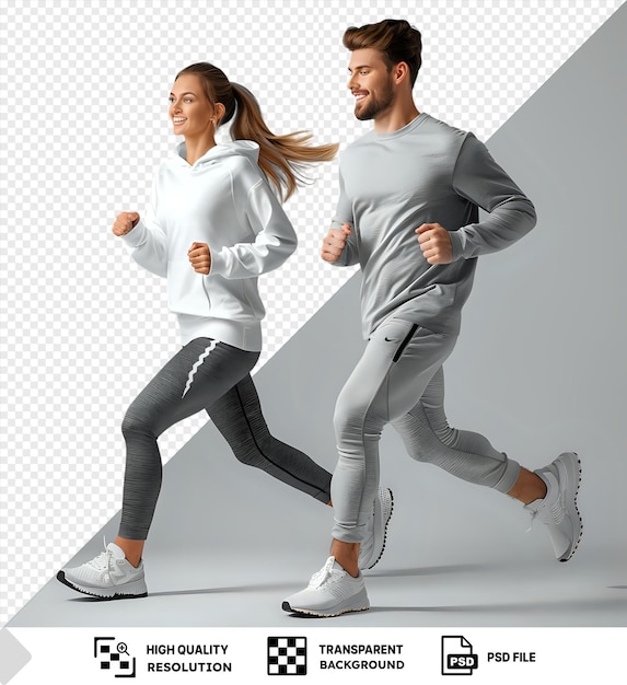 PSD isolated close up of young couple exercising together with the man wearing a gray shirt and white shoes and the woman with long brown hair and a white shoe visible in the foreground png