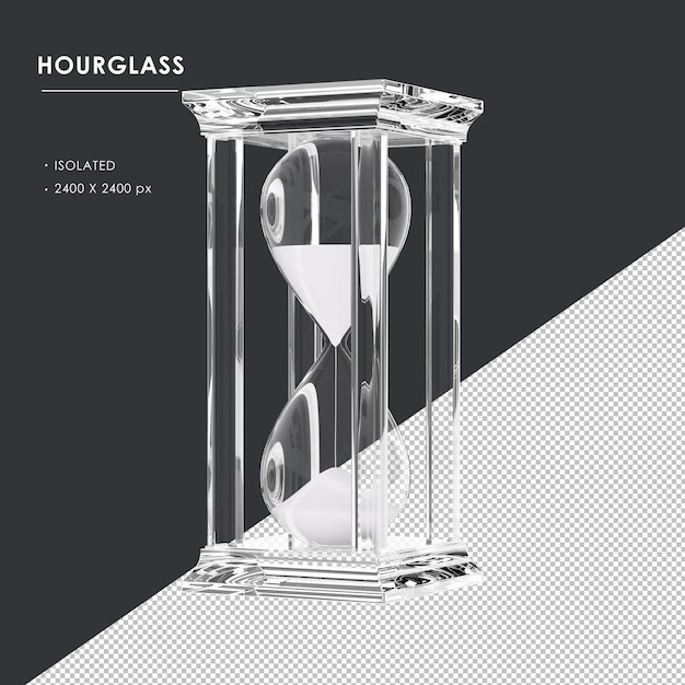 PSD isolated crystal glass square hourglass sand clock from left side angle view