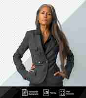 PSD isolated a disheartened middle aged woman with long hair from the african american ethnicity dressed in office clerk attire poses in a one hand on waist style wearing a black and gray suit with png