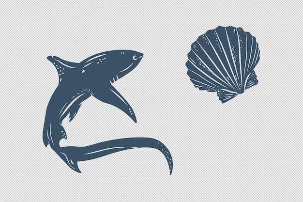 PSD isolated elements in monochrome shark seashell