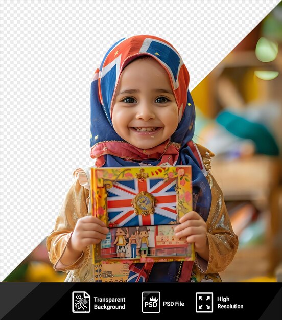 PSD isolated english for children a little girl smiles and holds an english language book psd png