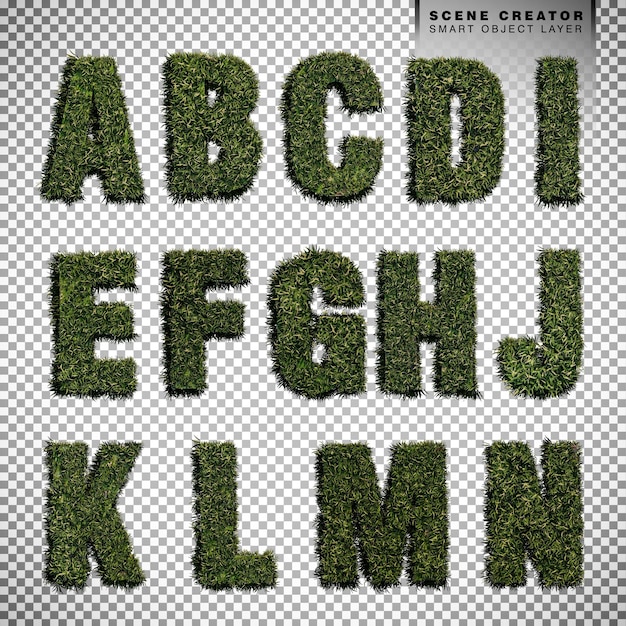 PSD Изолированные английский алфавит зеленые травы на прозрачном фоне