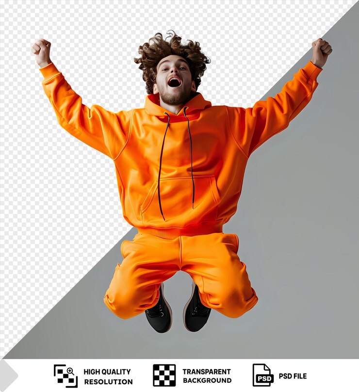 PSD isolated feeling great as a man in an orange jacket and pants with curly hair and an open mouth raises his hand and extends his arm while wearing black shoes png psd