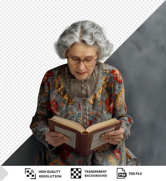 PSD isolated female pensioner absorbed in reading a novel wearing glasses and with gray hair against a gray wall with her hands visible in the foreground png psd