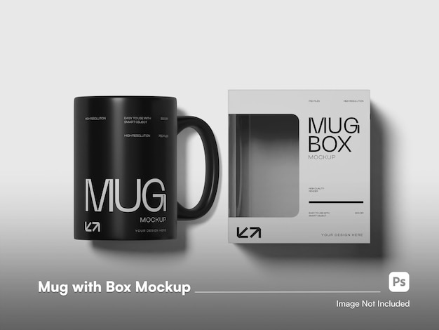 PSD isolated flat lay minimalist mug with box packaging mockup