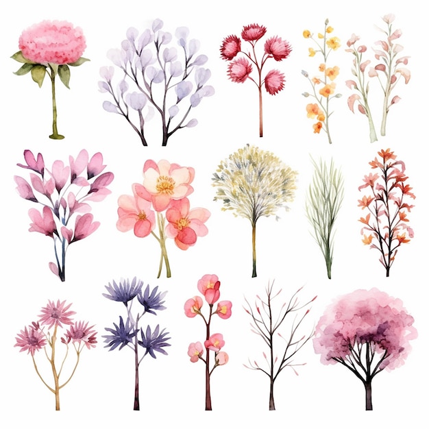 PSD isolated flowers watercolor trees on white background the collection of flowers trees