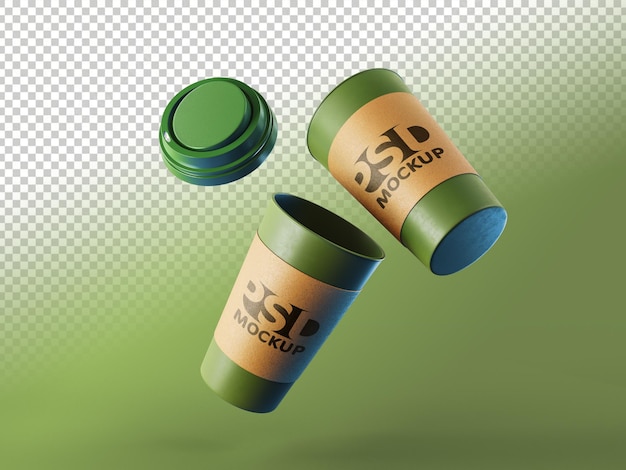 Isolated flying 3d coffee plastic cups mock up