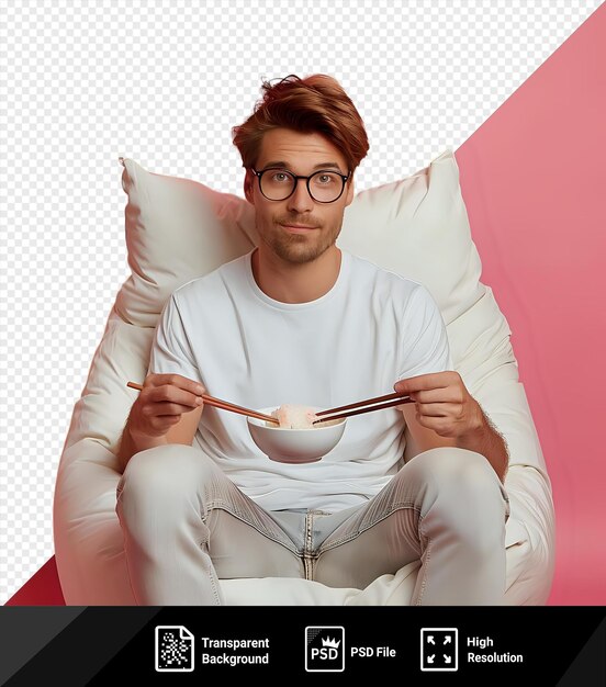 Isolated focused caucasian male in eyeglasses seated in a bean bag chair eating food with chopsticks png psd