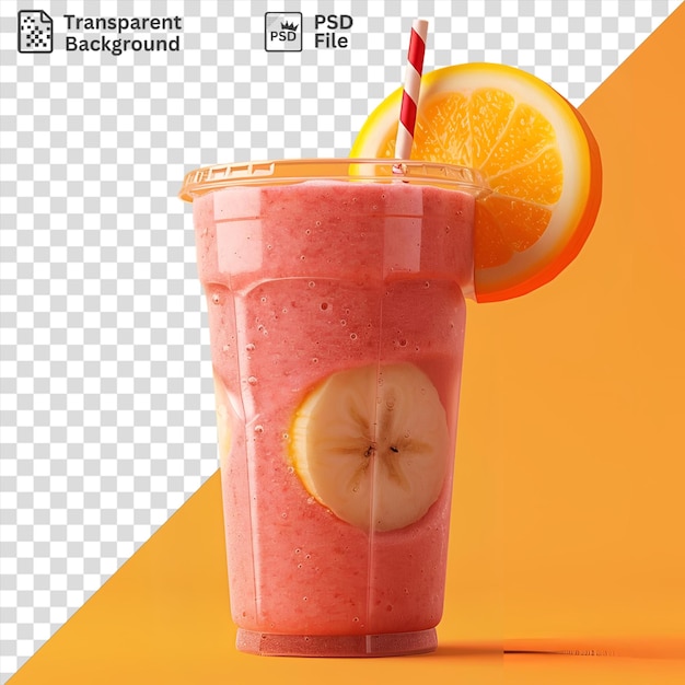 PSD isolated fruit smoothie in a pink cup with a red and white striped straw