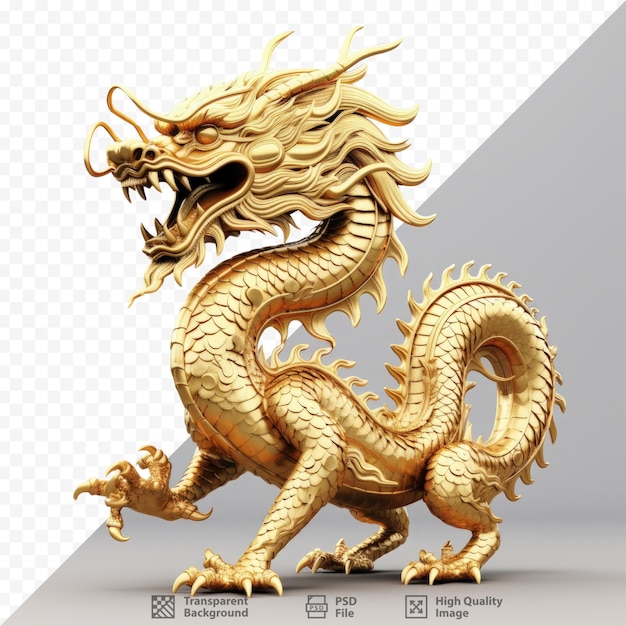 Dragone cinese dorato isolato su sfondo trasparente con percorso di ritaglio