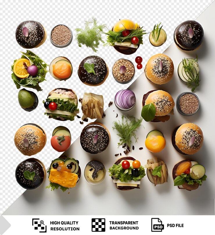 PSD isolated gourmet burger cooking set featuring a variety of colorful vegetables and fruits including red tomatoes green lettuce purple onion and orange orange arranged on a transparent background with