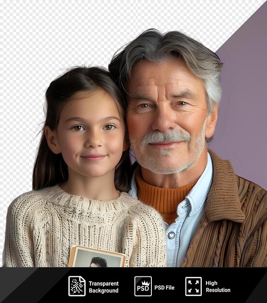 PSD isolated grateful survivor of a natural disaster holding a family photo in front of a purple wall wearing a brown sweater and blue shirt with gray hair and a large nose and a small ear png psd