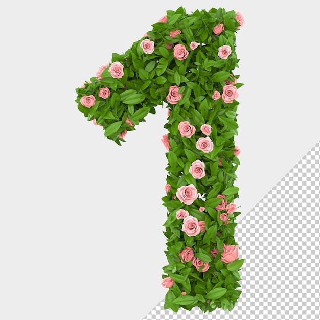 isolated green leaves and roses 3d letter 1