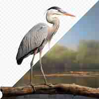 PSD isolated grey heron perched on log against transparent background